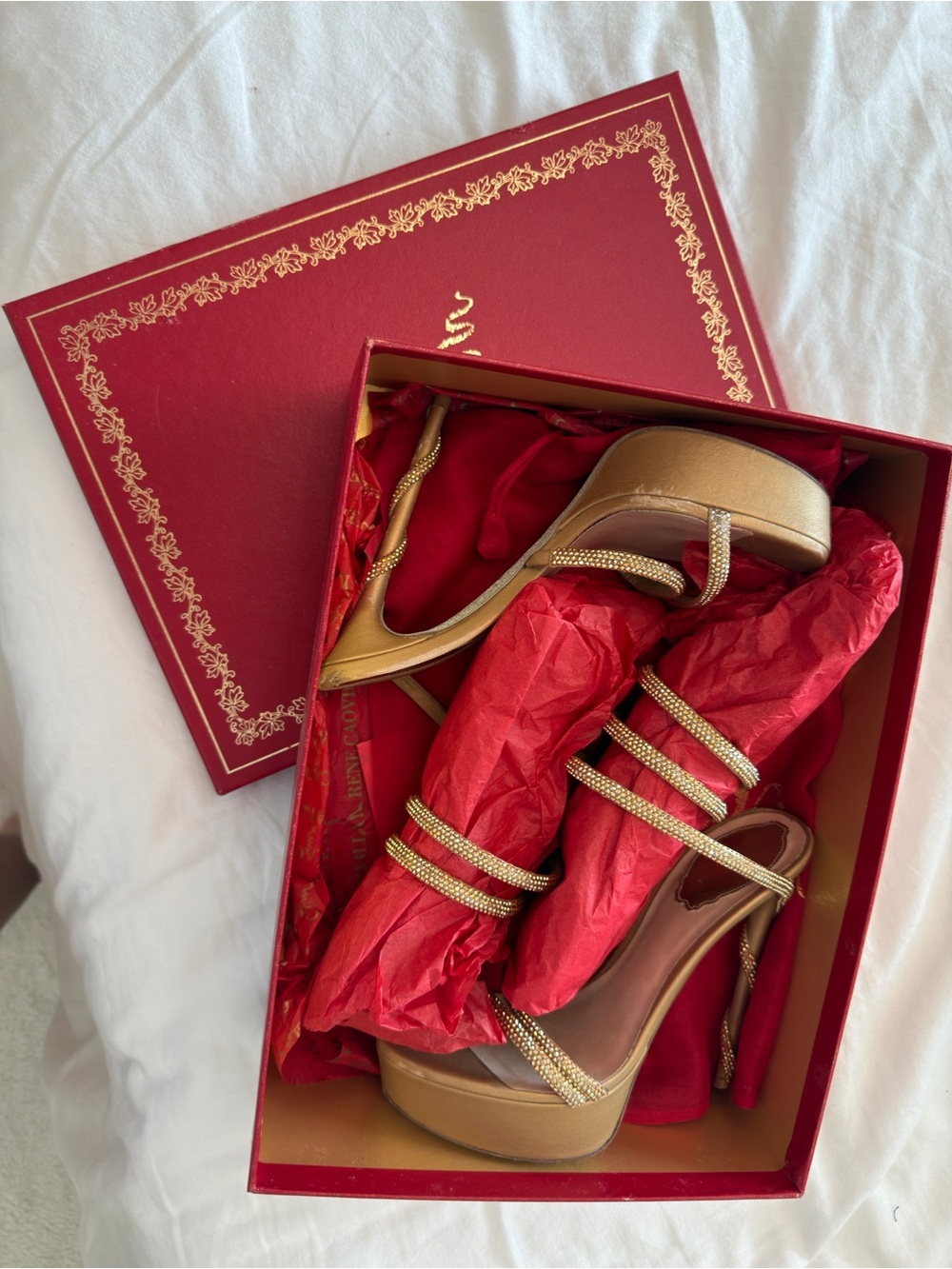 Rene Caovilla Gold Strappy Platform Heels - Women Shoes 6.5 - Picture 2 of 10